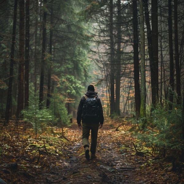 Person walking on a quiet path surrounded by trees